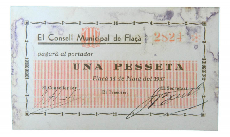 Catalunya. Consell Municipal de Flaçà. 1 pesseta. 14 maig 1937. AT-1014b. Manchi...