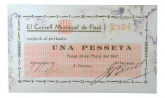 Catalunya. Consell Municipal de Flaçà. 1 pesseta. 14 maig 1937. AT-1014b. Manchitas. 
MBC
