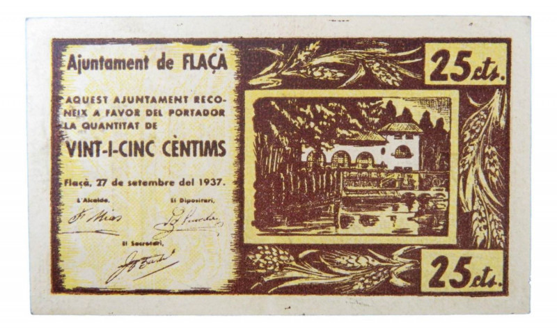 Catalunya. Ajuntament de Flaçà. 25 cèntims. 27 setembre 1937. AT-1016. Escaso. ...