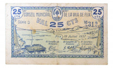 Catalunya. Consell Municipal de la Vila de Flix. 25 cèntims. 19 juliol 1937. AT-1020. Escaso. 
MBC