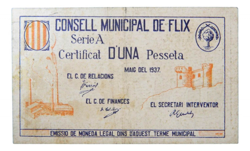 Catalunya. consell Municipal de Flix. 1 pesseta. Maig 1937. AT-1021. Escaso. 
M...
