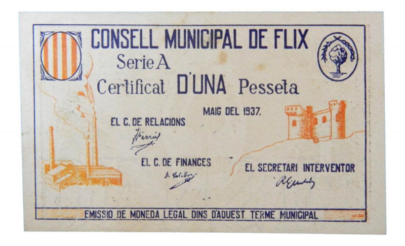 Catalunya. Consell Municipal de Flix. 1 pesseta. Maig 1937. AT-1021. Escaso. 
E...