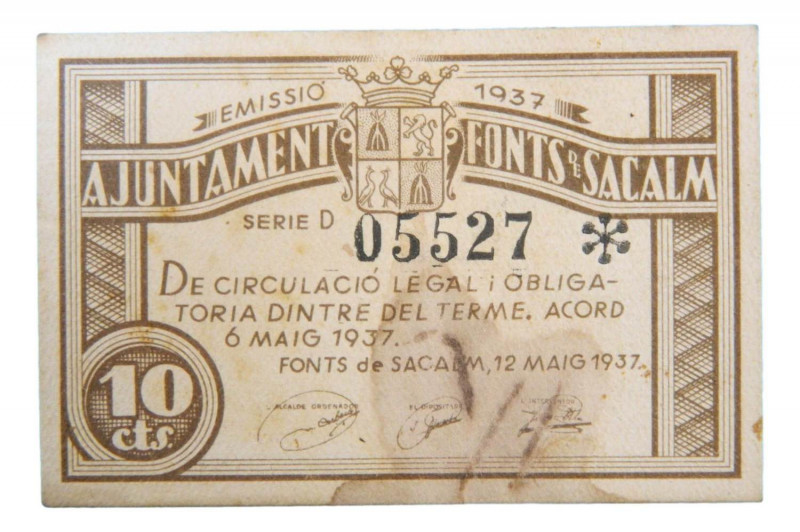 Catalunya. Ajuntament de Fonts de Sacalm. 10 cèntims. 6 maig 1937. AT-1037. Manc...