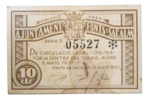 Catalunya. Ajuntament de Fonts de Sacalm. 10 cèntims. 6 maig 1937. AT-1037. Manchita del clip. Escaso. 
MBC+