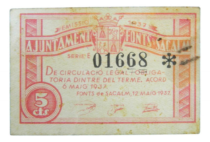 Catalunya. Ajuntament de Fonts de Sacalm. 5 cèntims. 6 maig 1937. AT-1038. Escas...