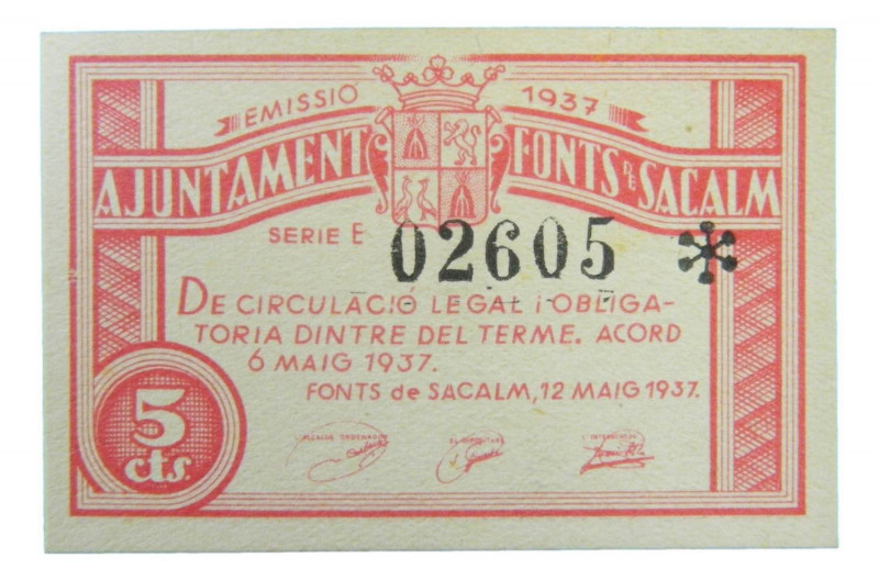 Catalunya. Ajuntament de Fonts de Sacalm. 5 cèntims. 6 maig 1937. AT-1038. Escas...