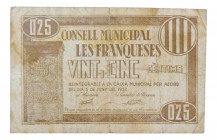 Catalunya. Consell Municipal Les Franqueses. 25 cèntims. 5 juny 1937. AT-1053. Reparaciones. Sucio. Escaso. 
MBC-