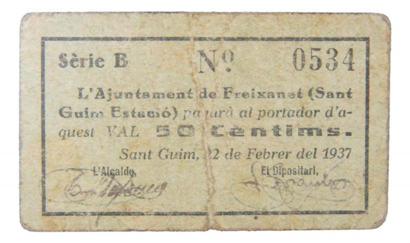 Catalunya. Ajuntament de Freixenet (Sant Guim Estació). 50 cèntims. 22 febrer 19...