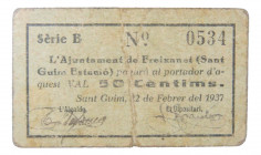 Catalunya. Ajuntament de Freixenet (Sant Guim Estació). 50 cèntims. 22 febrer 1937. AT-1058a. Cartón. Sello tampón poco visible. 
MBC