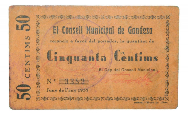 Catalunya. Consell Municipal de Gandesa. 50 cèntims. Juny 1937. AT-1082. Sucio. ...