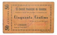 Catalunya. Consell Municipal de Gandesa. 50 cèntims. Juny 1937. AT-1082. Sucio. Muy escaso. 
MBC+