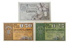 Catalunya. Consell Municipal de Girona. Lote 3 billetes - 1 pesseta, 0,25 y 0,50 pessetes. 25 juny 1937, abril 1937. AT-1121, 1122c y 1123.
MBC/MBC+