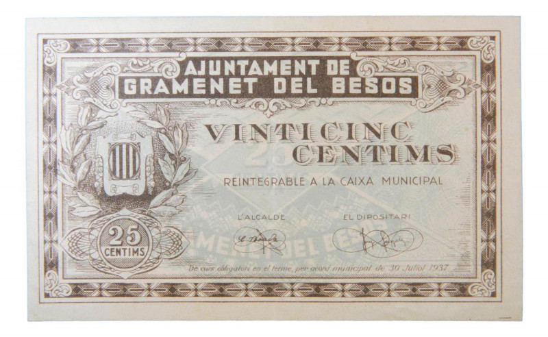 Catalunya. Ajuntament de Gramenent del Besòs. 25 cèntims. 30 juliol 1937. AT-115...