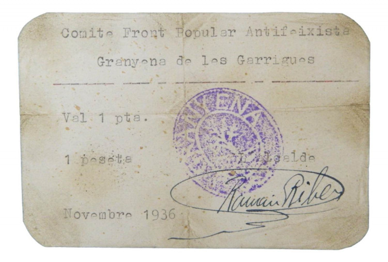 Catalnya. Granyena de les garrigues. 1 peseta. Noviembre de 1936. AT-1178d. Muy ...