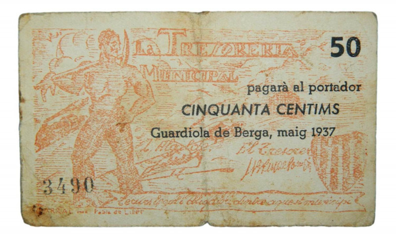 Catalunya. Tesorería Municipal de Guardiola de Berga. 50 cèntims. Maig 1937. AT-...