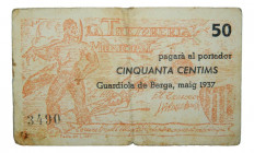Catalunya. Tesorería Municipal de Guardiola de Berga. 50 cèntims. Maig 1937. AT-1207. Leves roturas y manchitas. Escaso. 
MBC
