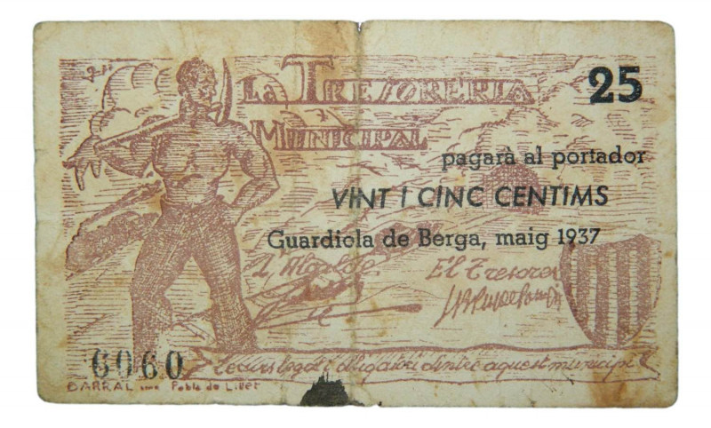 Catalunya. Tesoreria Municipal de Guardiola de Berga. 25 cèntims. Maig 1937. AT-...