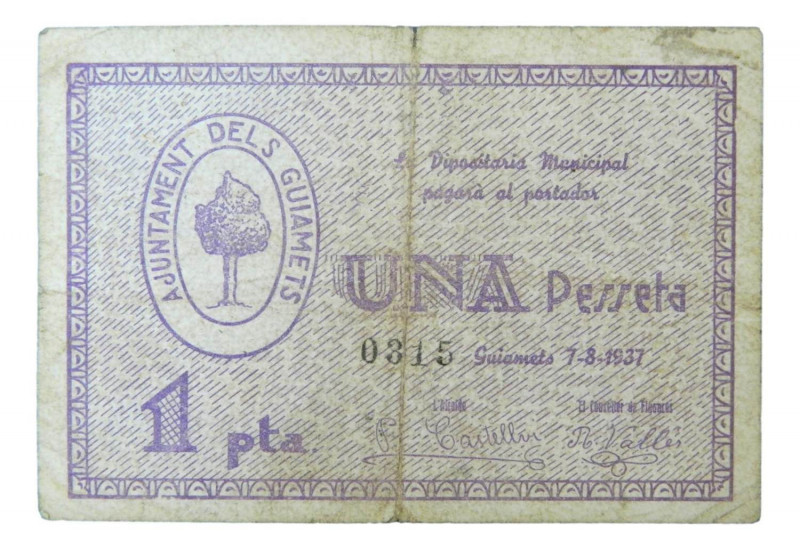 Catalunya. Ajuntament dels Guiamets. 1 pesseta. 7-8-1937. AT-1209. Escaso. 
MBC
