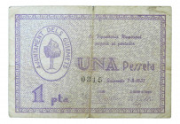 Catalunya. Ajuntament dels Guiamets. 1 pesseta. 7-8-1937. AT-1209. Escaso. 
MBC