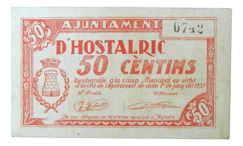 Catalunya. Ajuntament d´Hostalric. 50 cèntims. 1er Juny 1937. AT-1249. 
EBC-