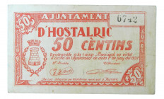 Catalunya. Ajuntament d´Hostalric. 50 cèntims. 1er Juny 1937. AT-1249. 
EBC-
