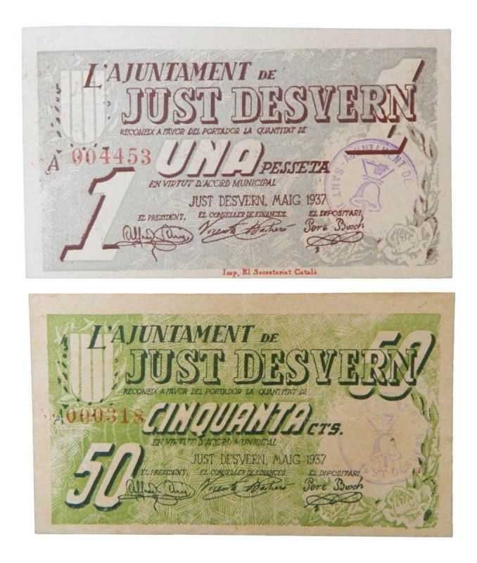 Catalunya. Ajuntament de Just Desvern. 1 pesseta y 50 cèntims. AT1297a y AT-1298...