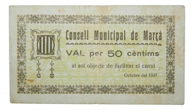 Catalunya. Consell Municipal de Marçá. 50 cèntims. Octubre 1937. Muy escaso. 
M...