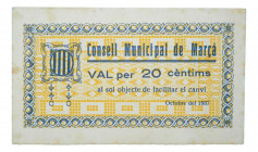 Catalunya. Consell Municipal de Marçá. 20 cèntims. Octubre 1937. AT-1432. Escaso. 
SC-