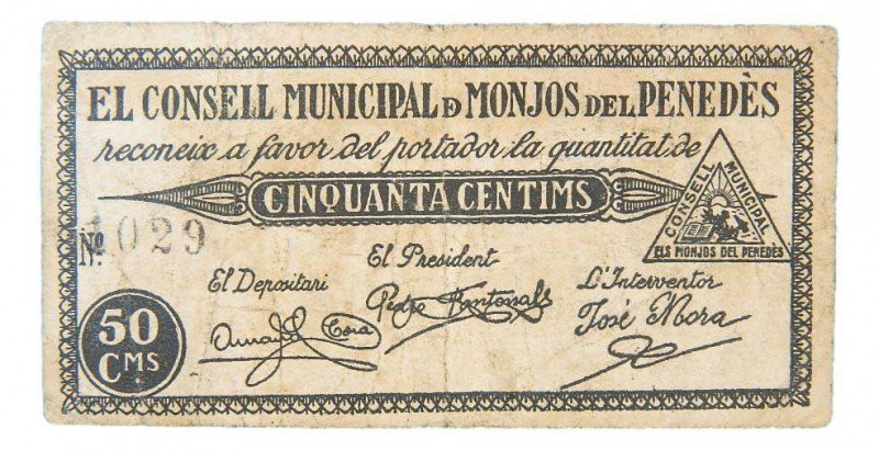 Catalunya. Consell Municipal de Monjos del Penedès. 50 cèntims. AT-1532. Escaso....