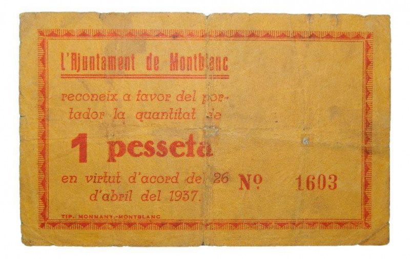 Catalunya. Ajuntament de Montblanc. 1 pesseta. 26 abril 1937. Escaso. 
MBC-