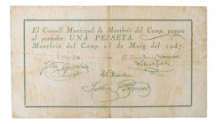 Catalunya. Consell Municipal de Montbrió del Camp. 1 pesseta. 25 maig 1937. AT-1552. Pequeñas roturas. Sucio. Muy escaso. 
MBC-