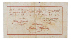 Catalunya. Consell Municipal de Montbrió del Camp. 0,50 pessetes. 25 maig 1937. AT-1553. Manchas. Escaso. 
MBC