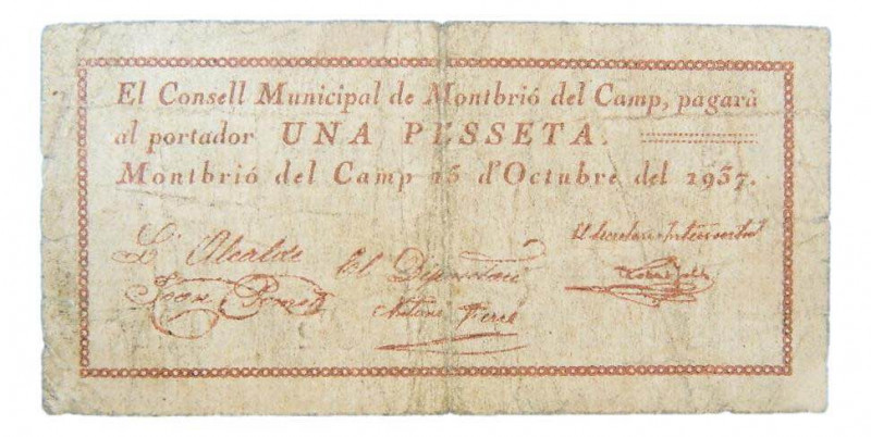 Catalunya. Consell Municipal de Montbrió del Camp. 1 pesseta. 15 octubre 1937. A...