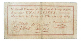Catalunya. Consell Municipal de Montbrió del Camp. 1 pesseta. 15 octubre 1937. AT-1554. Escaso.
MBC-