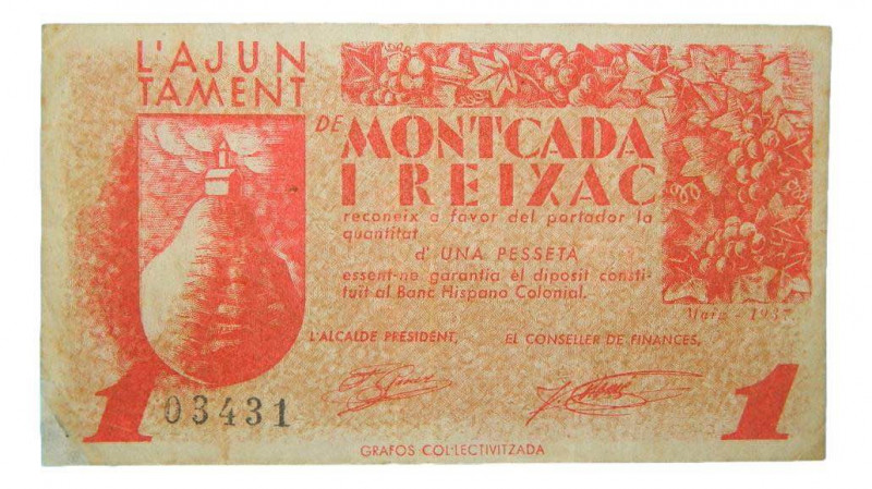 Catalunya. Ajuntament de Montcada i Reixac. 1 pesseta. Maig 1937. AT-1557d. T-17...