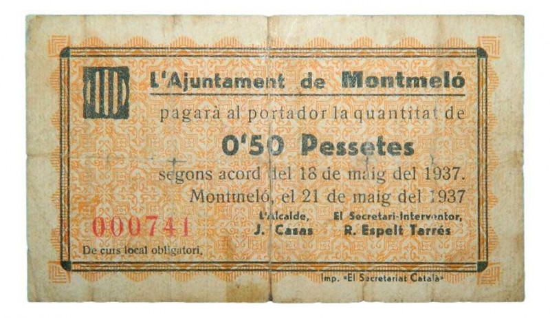 Catalunya. Ajuntament de Montmeló. 0,50 pessetes. 21 maig 1937. AT-1587. Roturas...