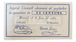 Catalunya. Consell Municipal de Mont-Ral. 25 cèntims. 15 juny 1937. AT-1595b. Sin sello tampón. Doblez en esquina. 
SC