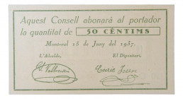 Catalunya. Consell Municipal de Mont-Ral. 50 cèntims. 15 juny 1937. AT-1594b. Sin sello tampón.
SC-
