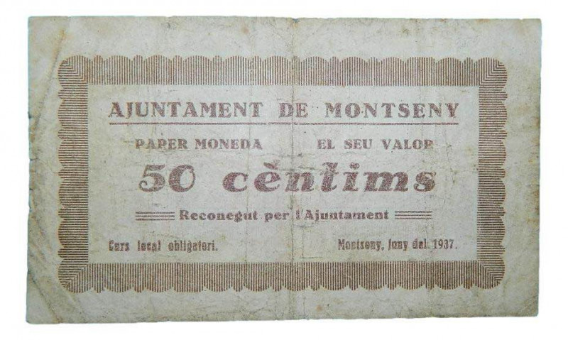 Catalunya. Ajuntament de Montseny. 50 cèntims. Juny 1937. AT-1610a. Leves rotura...