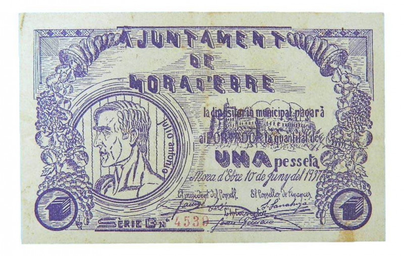 Catalunya. Ajuntament de Mora d´Ebre. 1 pesseta. 10 juny 1937. AT-1611. 
EBC