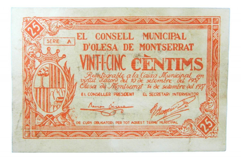 Catalunya. Consell Municipal d´Olesa de Montserrat. 25 cèntims. 14 setembre 1937...