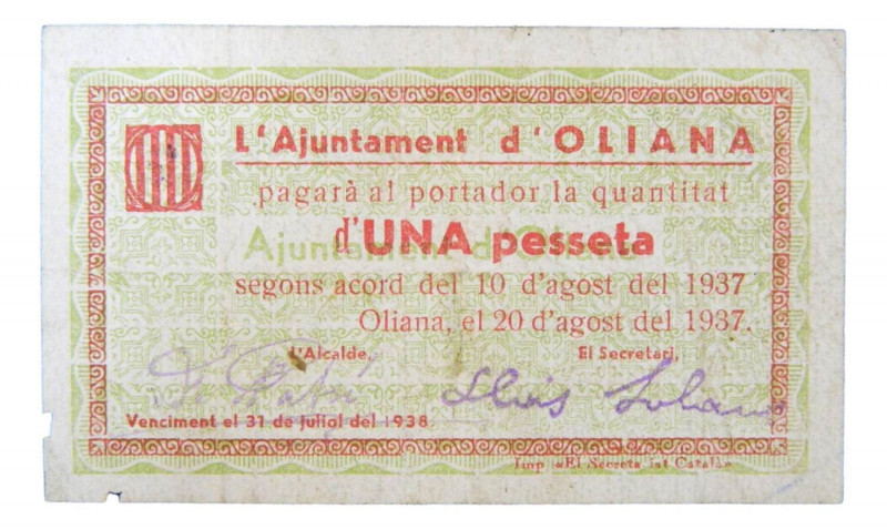 Catalunya. Ajuntament d´Oliana. 1 pesseta. 10 agost 1937. AT-1688. Restos de adh...