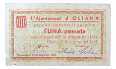 Catalunya. Ajuntament d´Oliana. 1 pesseta. 10 agost 1937. AT-1688. Restos de adhesivo en reverso. 
MBC+