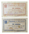 Catalunya. Ajuntament d´Oliana. 25 y 50 cèntims. 10 agost 1937. AT-1690 y AT-1689. Pequeñas manchitas. 
MBC+