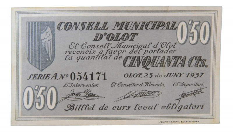 Catalunya. Consell Municipal d´Olot. 50 cèntims. 23 juny 1937. AT-1699. T-1948. ...