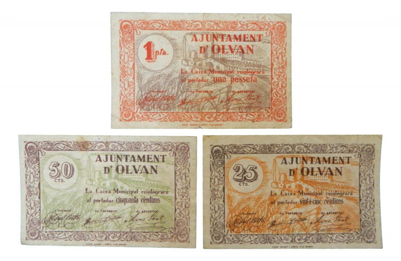 Catalunya. Ajuntament de Olvan. 25, 50 cèntims y 1 pesseta. AT-1706a, AT-1705a y...