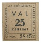 Catalunya. Parets del Vallès Cooperativa obrera la Progresiva. 25 cèntims. Agost 1937. T-2063. Cartón. 
EBC+