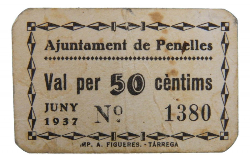 Catalunya. Ajuntament de Penelles. 50 cèntims. Juny 1937. AT-1800 b. T-2084b. Ca...