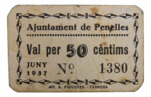 Catalunya. Ajuntament de Penelles. 50 cèntims. Juny 1937. AT-1800 b. T-2084b. Cartón. Acento grave a Cèntims. Sello en dorso. Pequeñas manchitas. Esca...