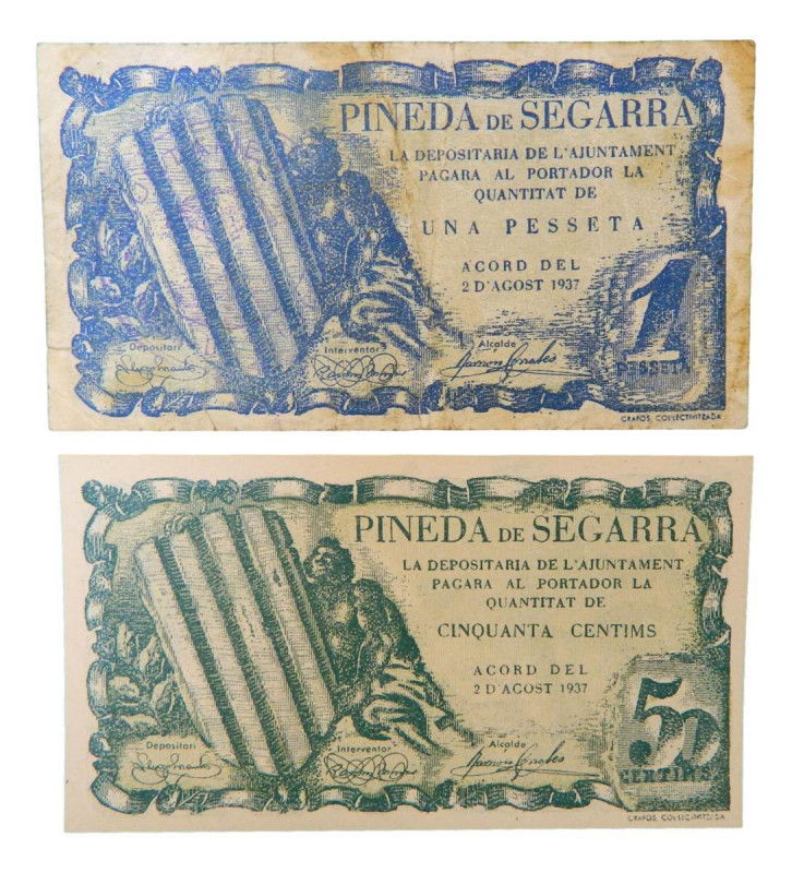 Catalunya. Ajuntament de Pineda de Segarra. 50 cèntims y 1 pesseta. AT-1828b y A...